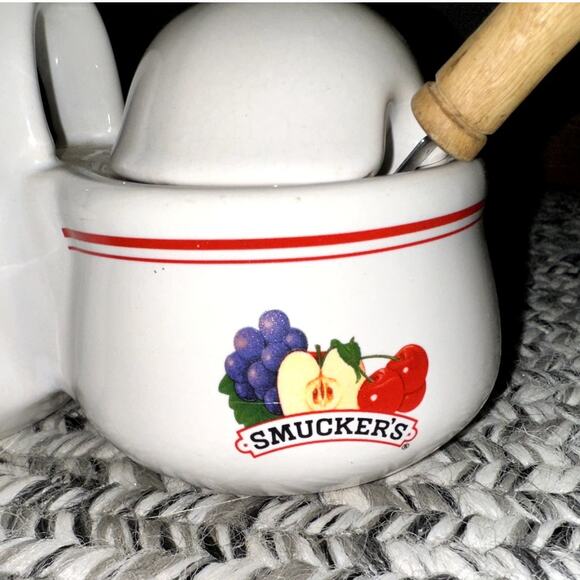 Smuckers Double Covered Jam Jelly Jar with Spoons Preserves Ceramic Bowl Vintage - Picture 3 of 9